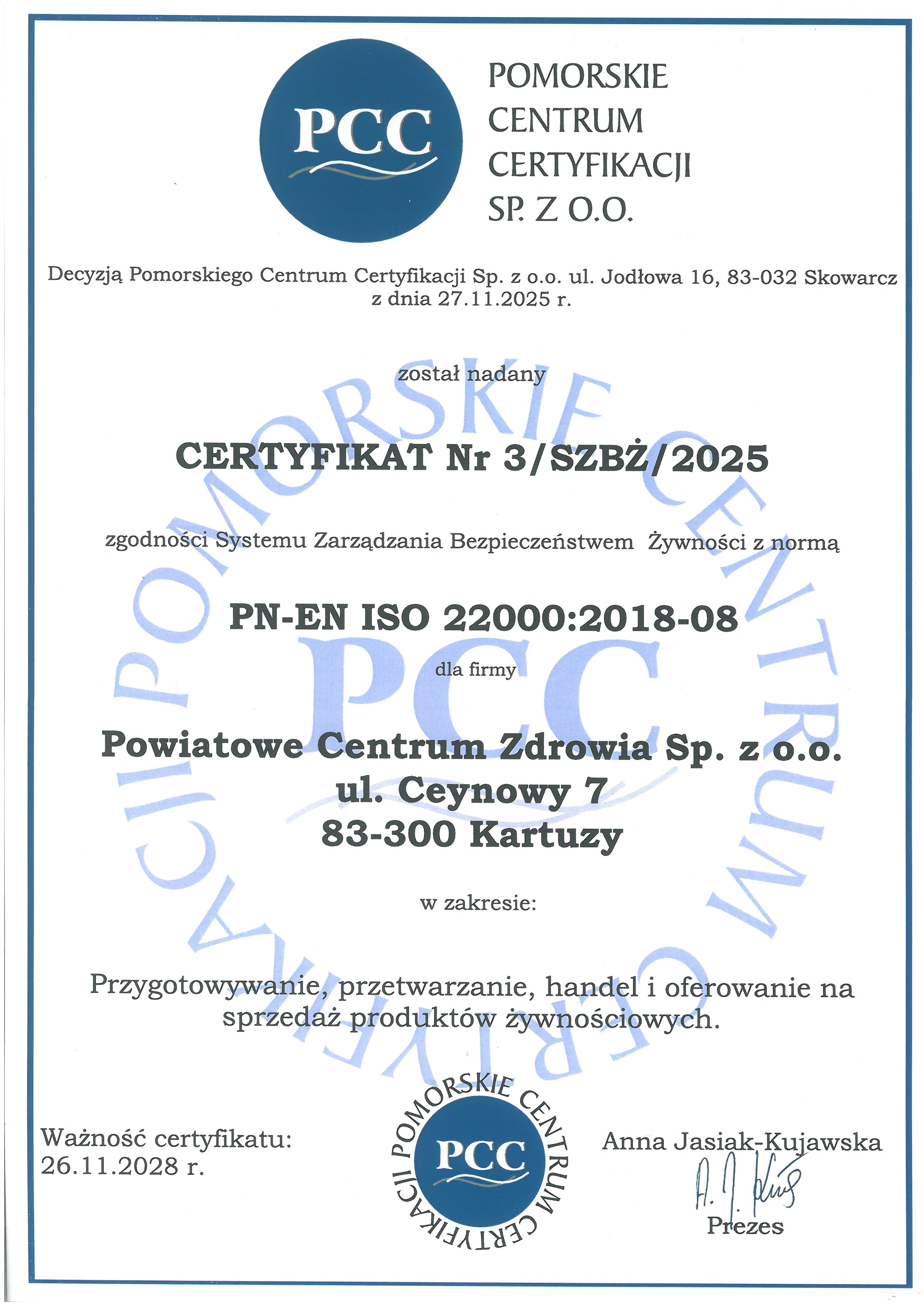 Certyfikat ISO pn en ISO 22000 2018 08