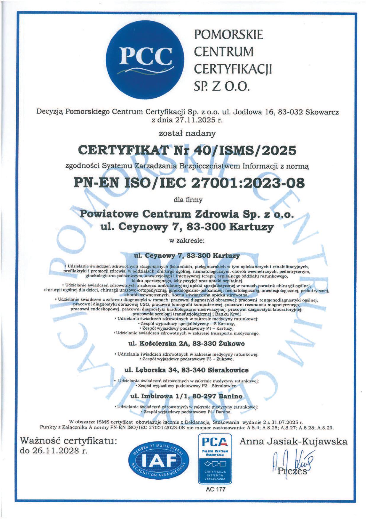 Certyfikat ISO PN EN ISO IEC 27001 